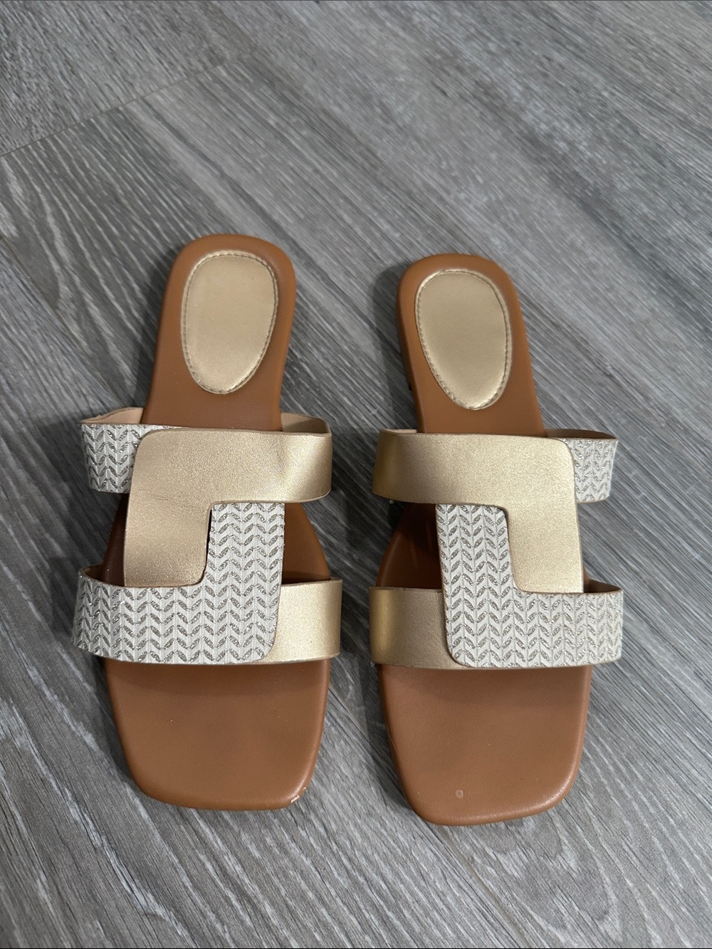 Gold and Beige Women's Slide Sandals